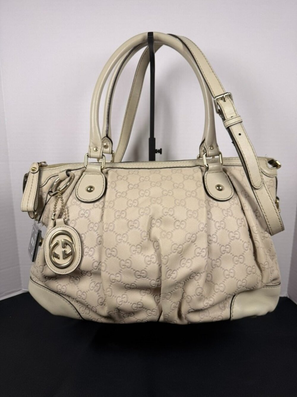 Gucci Sukey Guccissima GG Satchel 285730 Cream Leather Shoulder Bag Authentic
